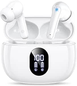イヤホン bluetooth ワイヤレスイヤホン 48時間の再生時間 重低音 LEDディスプレイ表示 小型/軽量 IPX7防水 ブルートゥース 接続瞬時 Hi-Fi ブルートゥース イヤホン Type-C 急速充電 ぶるーとぅーすイヤホン iPhone/Android/Pad適用 スポーツ/通勤/通学/WEB会議 (ホワイト)